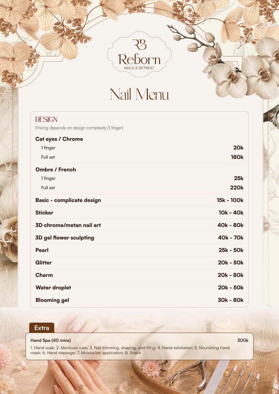 Reborn Nails & Retreat menu · page 1